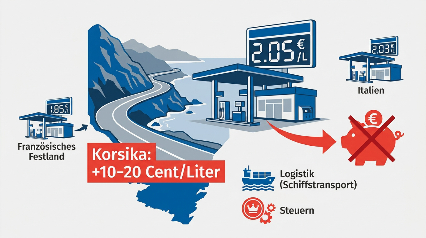 Tankstelle auf Korsika mit Preisanzeige vor Gebirgskulisse