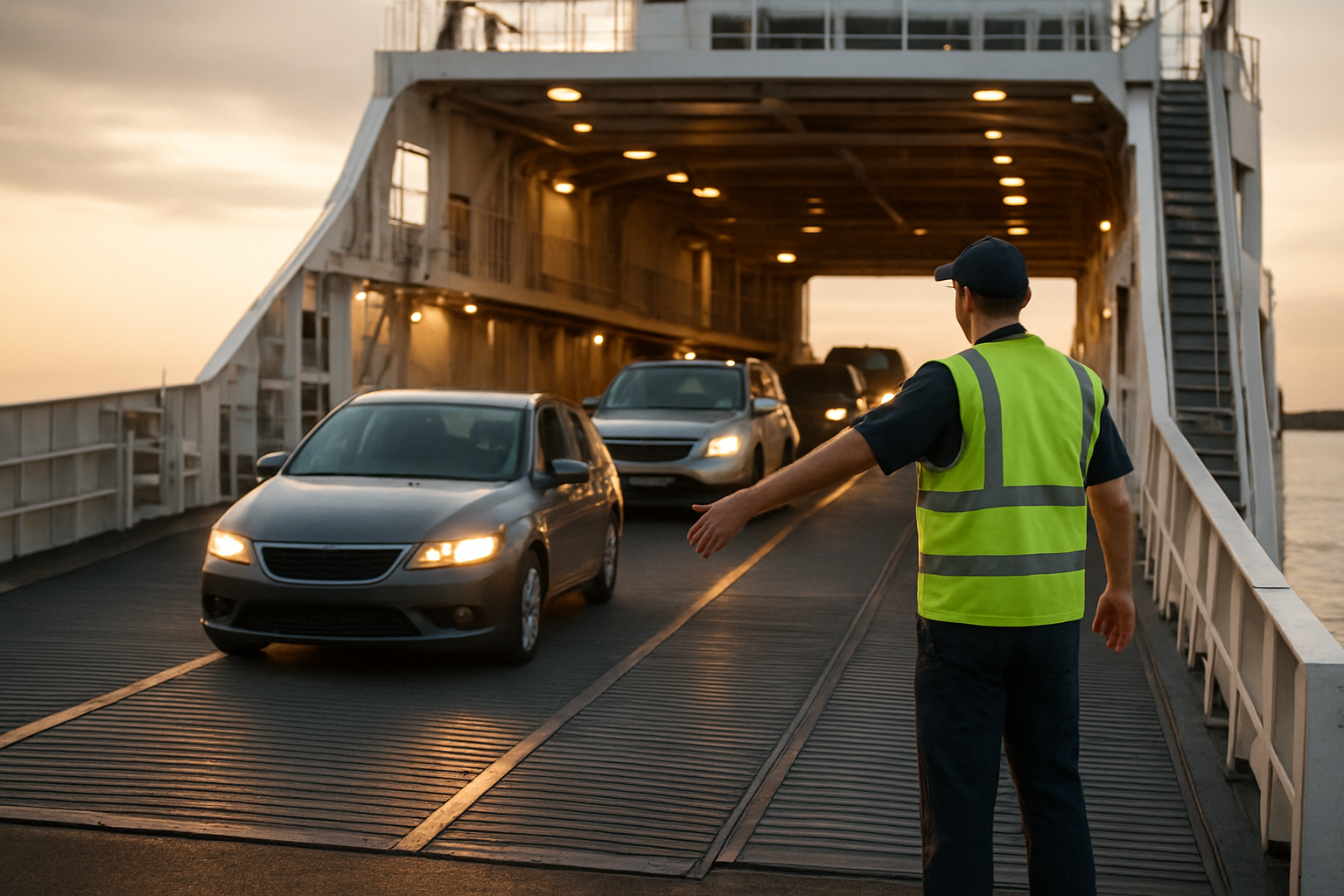 Reisende beim Einschiffen auf eine Korsika-Fähre in einem Mittelmeerhafen